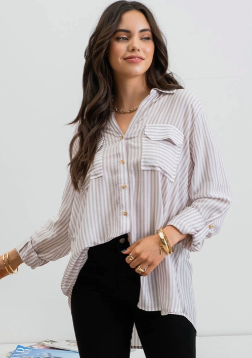 Load image into Gallery viewer, Lightweight Woven Top in Stripped Mocha - The Street Boutique 

