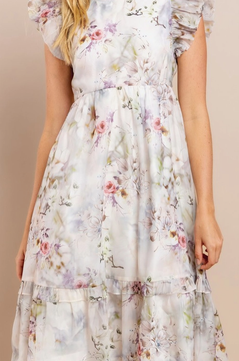 Flutter Sleeve Midi Dress in Cream Floral - The Street Boutique 