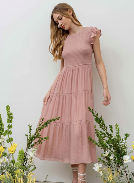 Smocked Tiered Midi Dress in Blush - The Street Boutique 