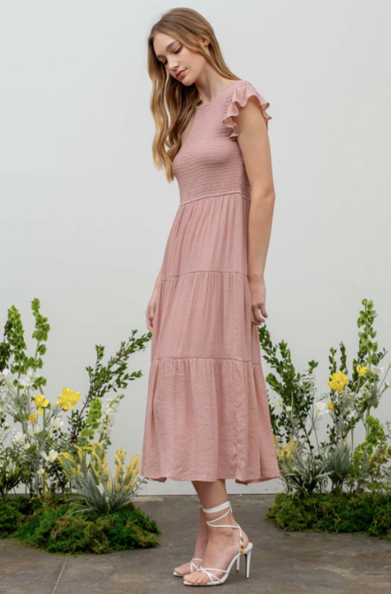 Smocked Tiered Midi Dress in Blush - The Street Boutique 