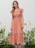 Smocked Ruffle Sleeve Maxi Dress in Peach - The Street Boutique 