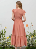 Smocked Ruffle Sleeve Maxi Dress in Peach - The Street Boutique 