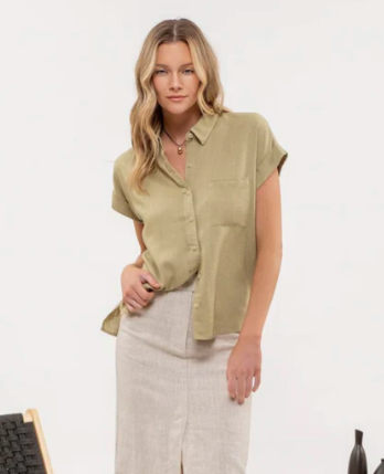 Short Sleeve Button Down Blouse in Olive - The Street Boutique 