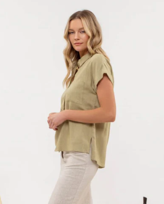 Short Sleeve Button Down Blouse in Olive - The Street Boutique 
