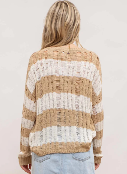 Stripped Lader Knit Pullover Sweater in Khaki - The Street Boutique 