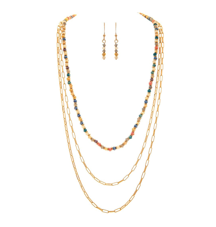 Multicolor Dark Bead Layered Necklace Set in Gold - The Street Boutique 