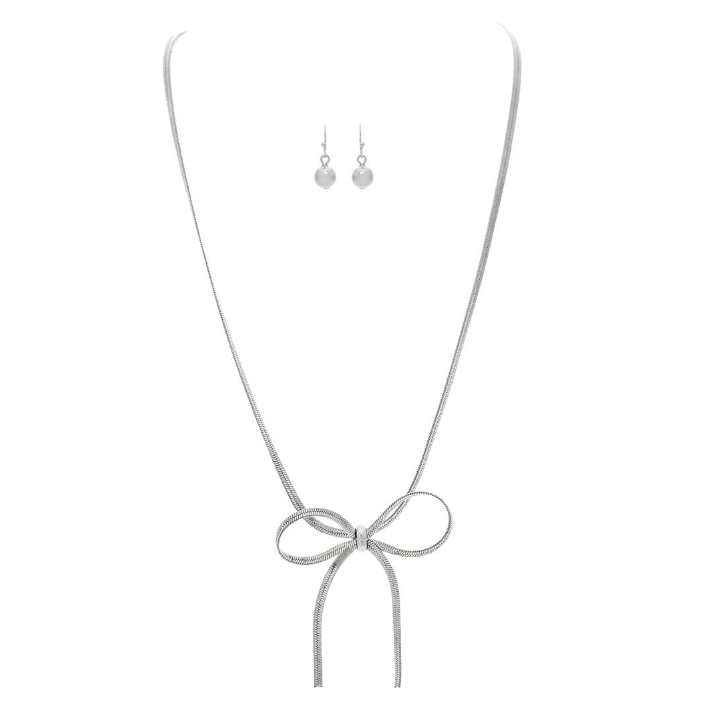 Herringbone Chain Bow Tie Necklace Set in Silver - The Street Boutique 