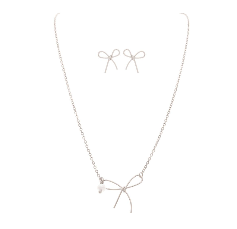 Tiny Bow & Pearl Dangle Necklace Set in Silver - The Street Boutique 