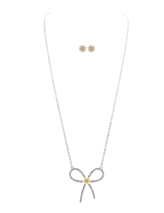 Pearl Flower Bow Pendant Necklace Set in Silver - The Street Boutique 