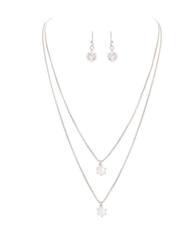 Double Chain Crystal Drop Necklace Set in Silver - The Street Boutique 