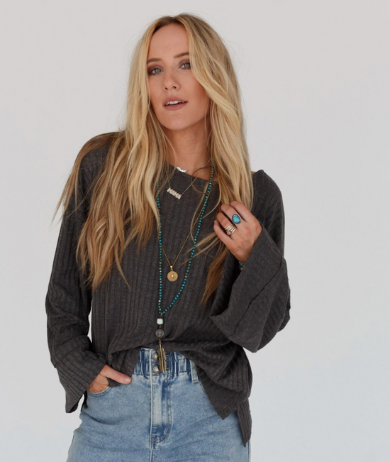 Round Neckline Sweater Top in Heather Charcoal - The Street Boutique 
