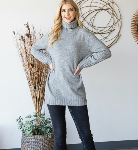 Long Turtle Neck Sweater in Grey - The Street Boutique 