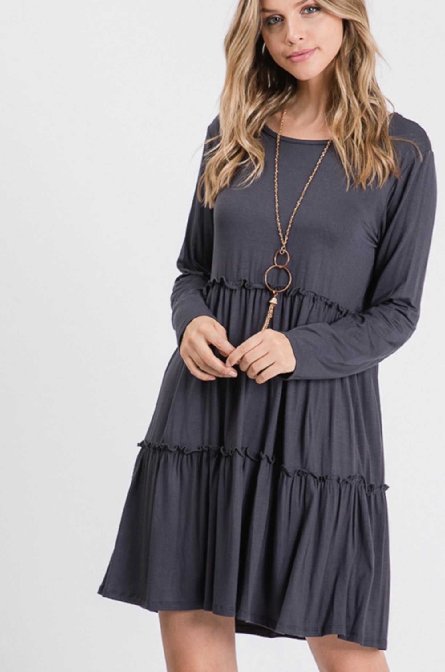 Ruffle Detail Long Sleeve Mini Dress in Charcoal - The Street Boutique 