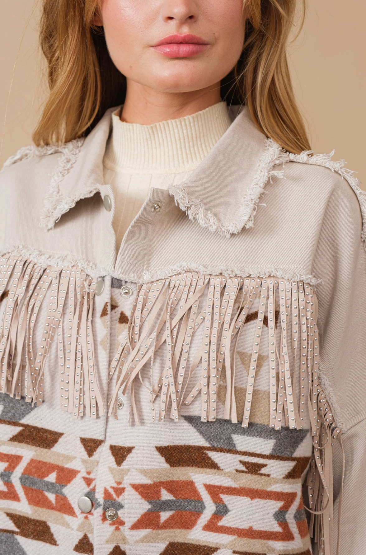 Aztec Fringe Detail Shacket in Light Taupe - The Street Boutique 