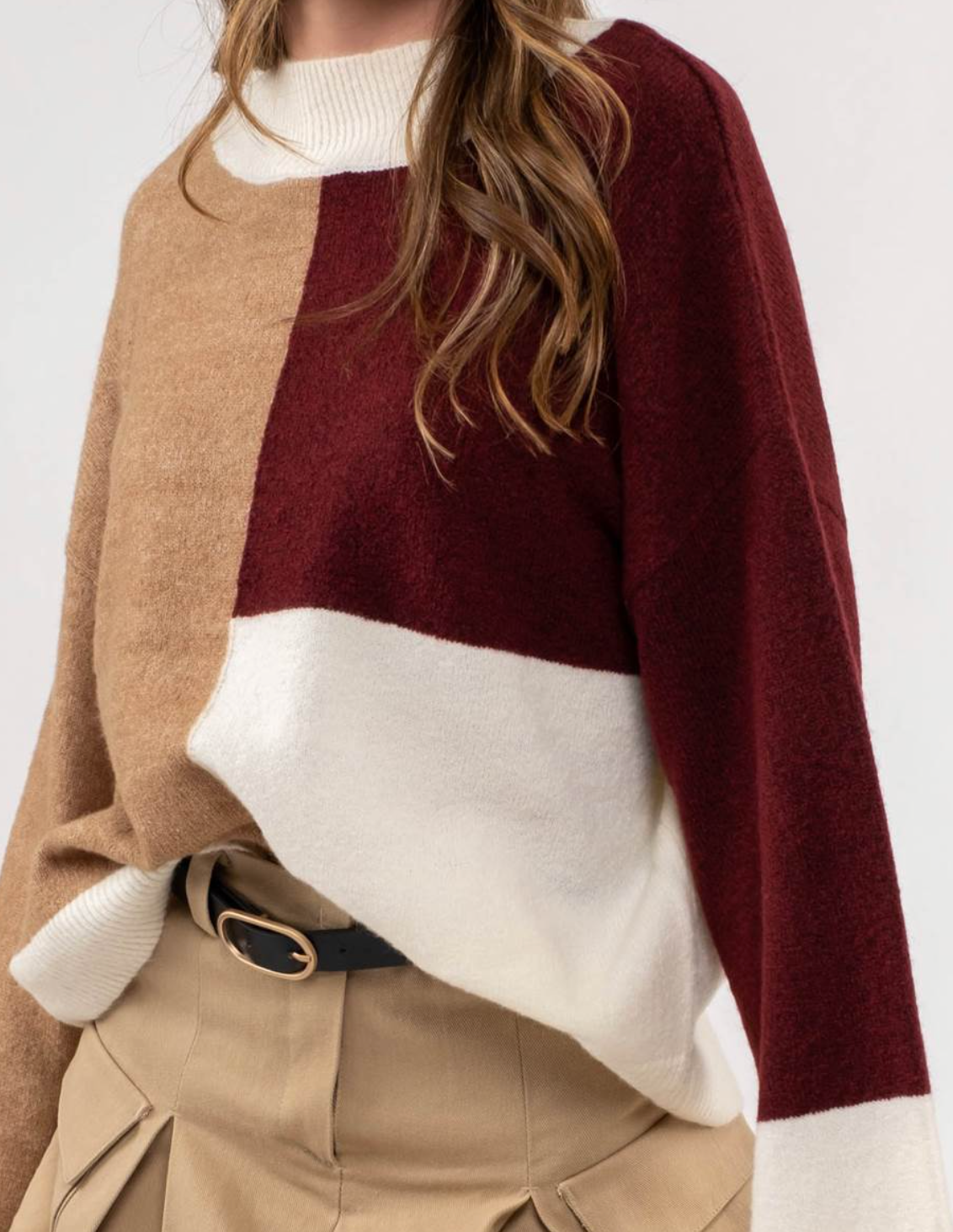 Load image into Gallery viewer, Mock Neck Colorblock Sweater in Rosewood - The Street Boutique 
