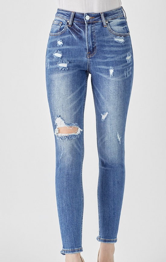 RISEN Mid-Rise Distressed Skinny Jeans in Dark - The Street Boutique 