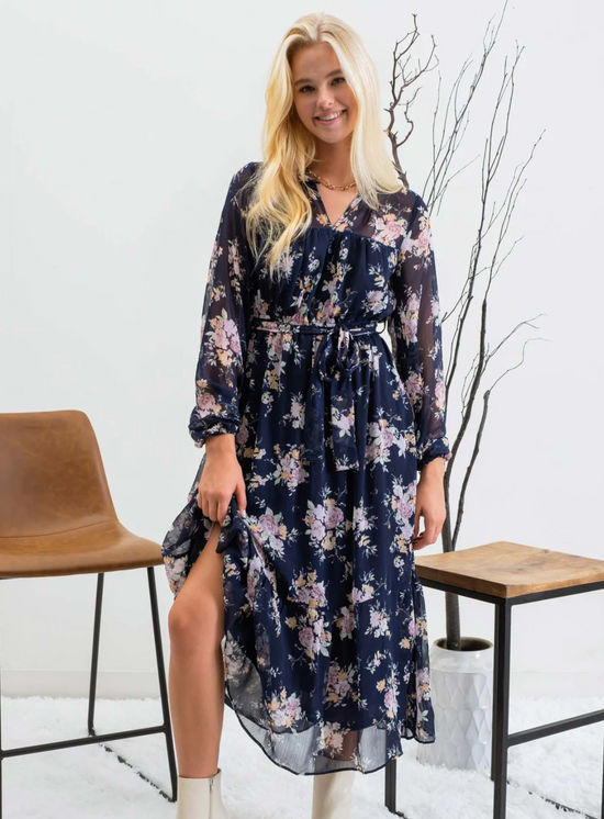 Load image into Gallery viewer, Floral Long Sleeve Midi Dress in Navy - The Street Boutique 
