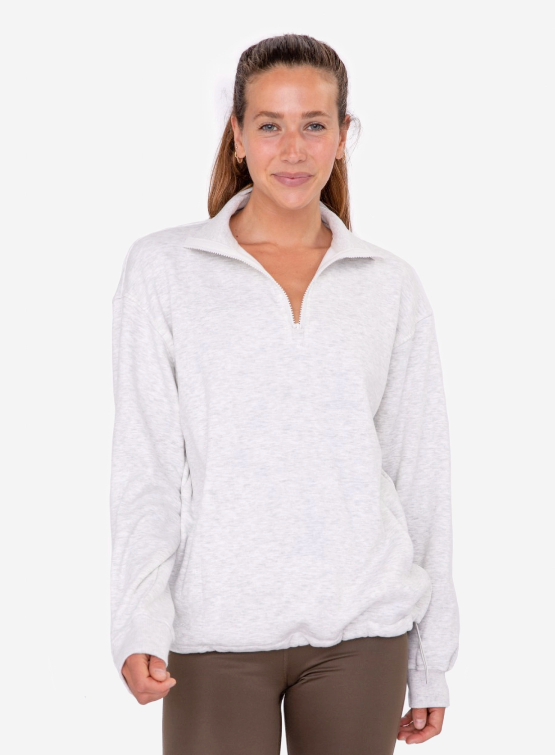Load image into Gallery viewer, Half Zip Drawstring Pullover in Light Grey - The Street Boutique 
