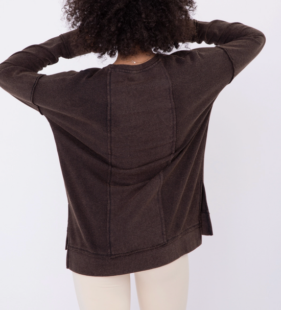 Waffle-Knit Pullover with Side Slits in Brown - The Street Boutique 