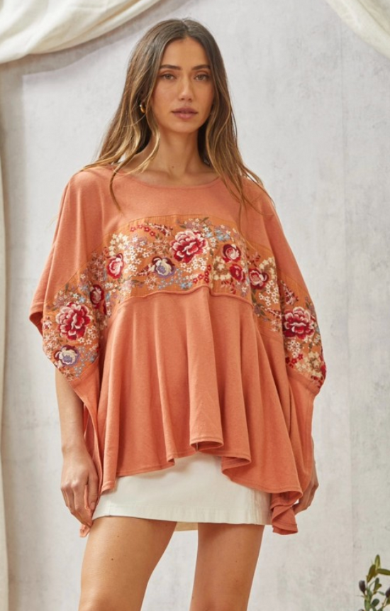 Embroidered Poncho Blouse in Terracotta - The Street Boutique 