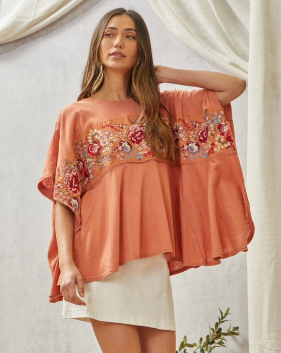Embroidered Poncho Blouse in Terracotta - The Street Boutique 