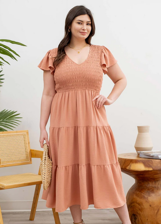 Curvy Flutter Sleeve Midi Dress in Peach - The Street Boutique 