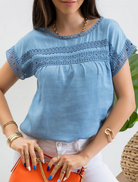 Lace Trim Blouse in Chambray - The Street Boutique 