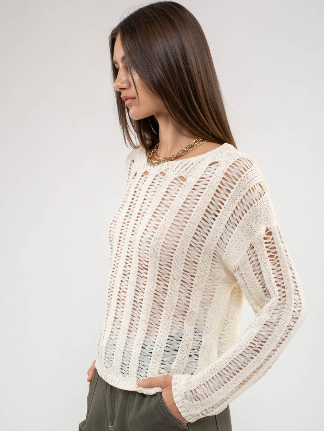 Crochet Knit Pullover in Ivory - The Street Boutique 