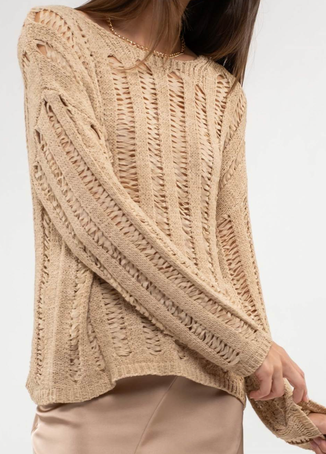 Crochet Knit Pullover in Khaki - The Street Boutique 