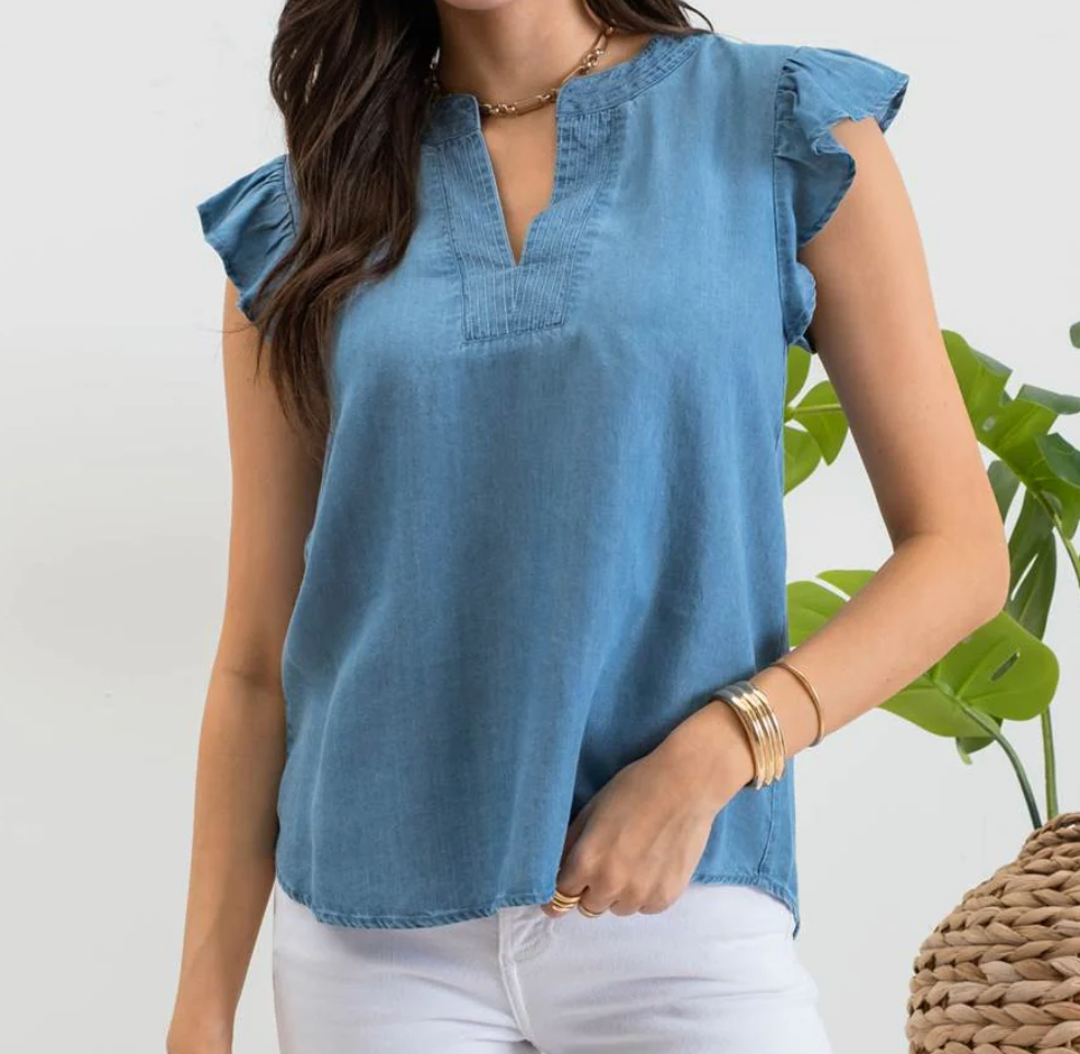 Ruffle Sleeve Woven Top in Chambray - The Street Boutique 