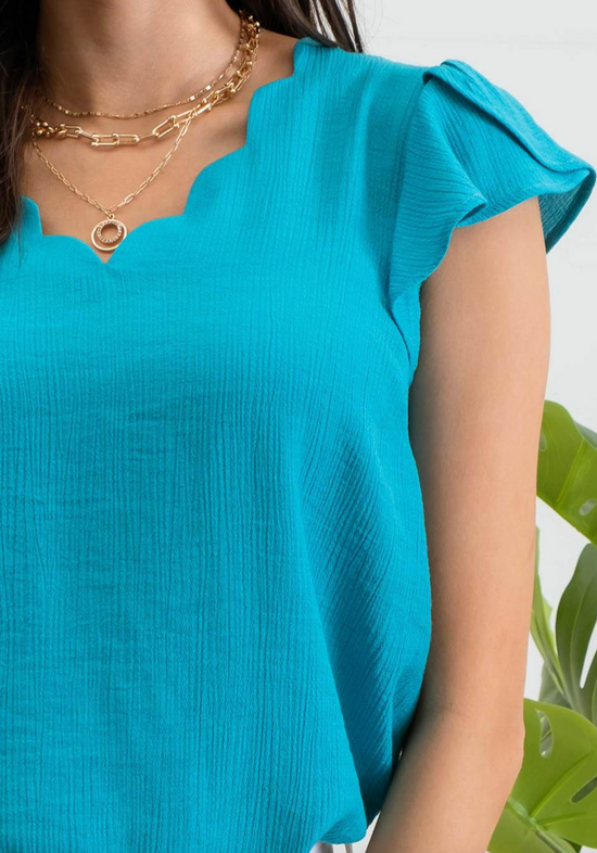 V-Neck Tulip Sleeve Blouse in Teal - The Street Boutique 