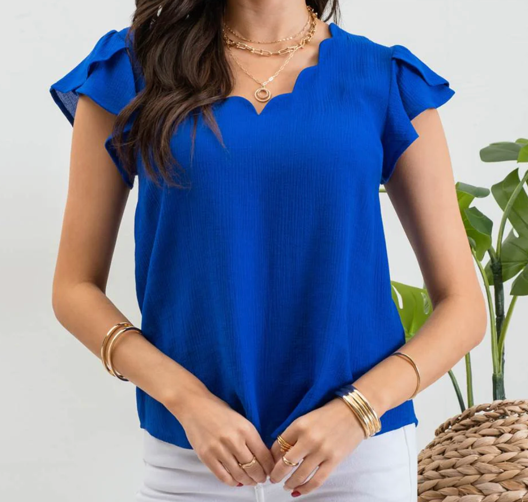 V-Neck Tulip Sleeve Blouse in Royal Blue - The Street Boutique 