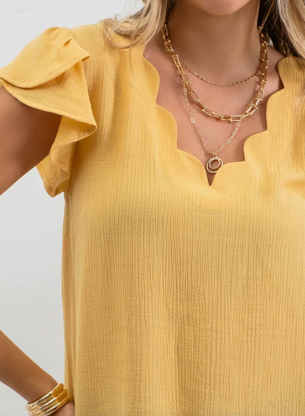 V-Neck Tulip Sleeve Blouse in Yellow - The Street Boutique 