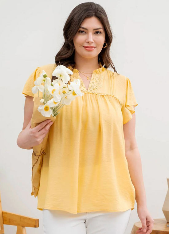 CURVY Lace Trim Ruffle Sleeve Blouse in Yellow - The Street Boutique 