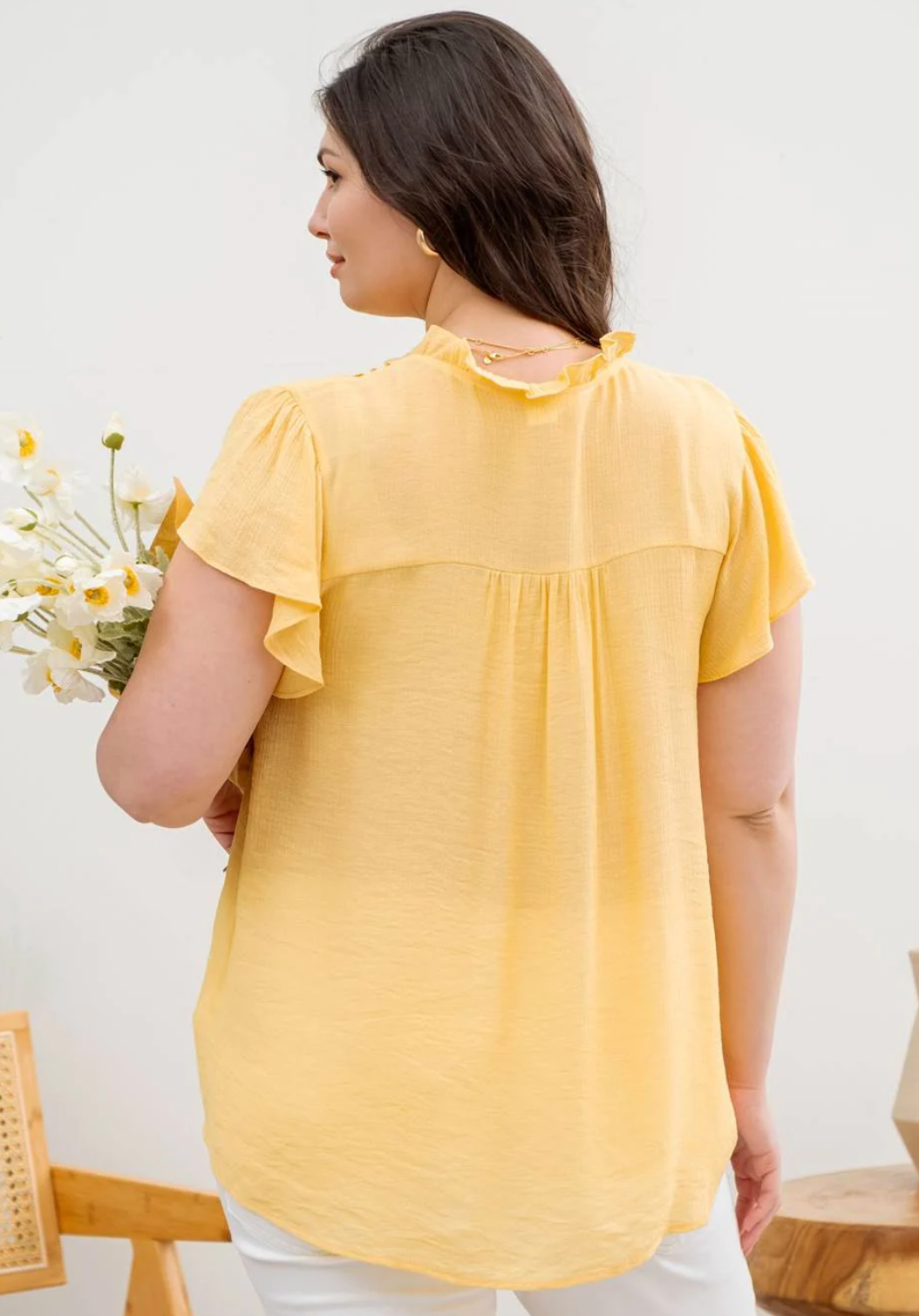 CURVY Lace Trim Ruffle Sleeve Blouse in Yellow - The Street Boutique 