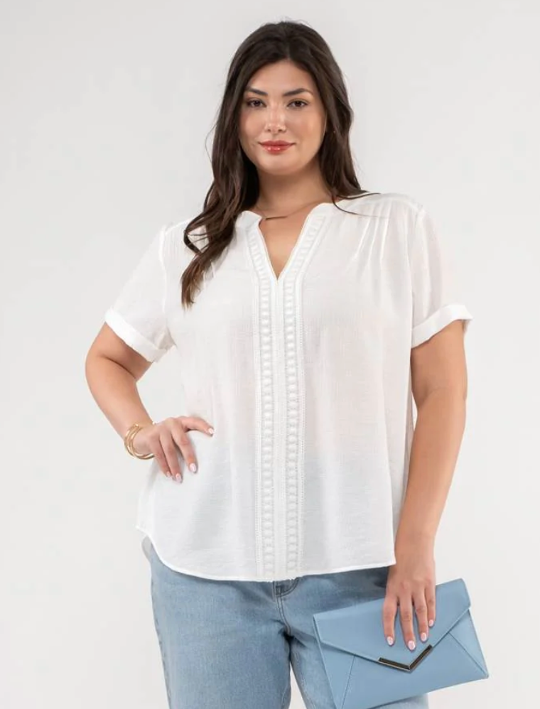 CURVY Floral Lace Woven Top in White - The Street Boutique 