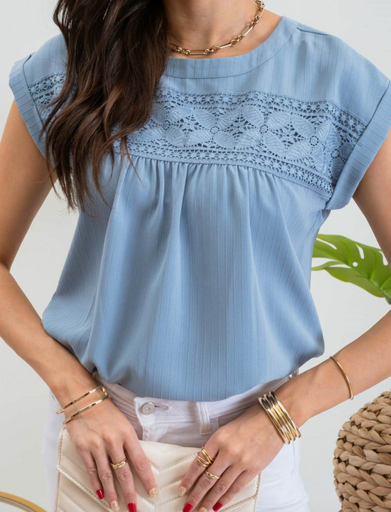 Floral Eyelet Detail Blouse in Light Blue - The Street Boutique 