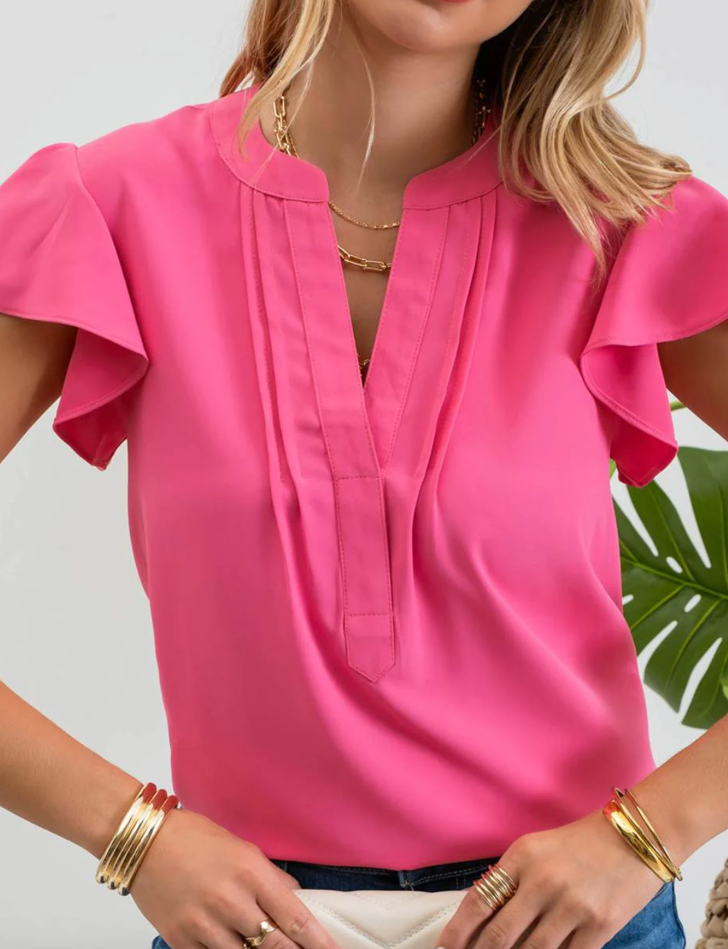 Flutter Sleeve Woven Blouse in Pink - The Street Boutique 