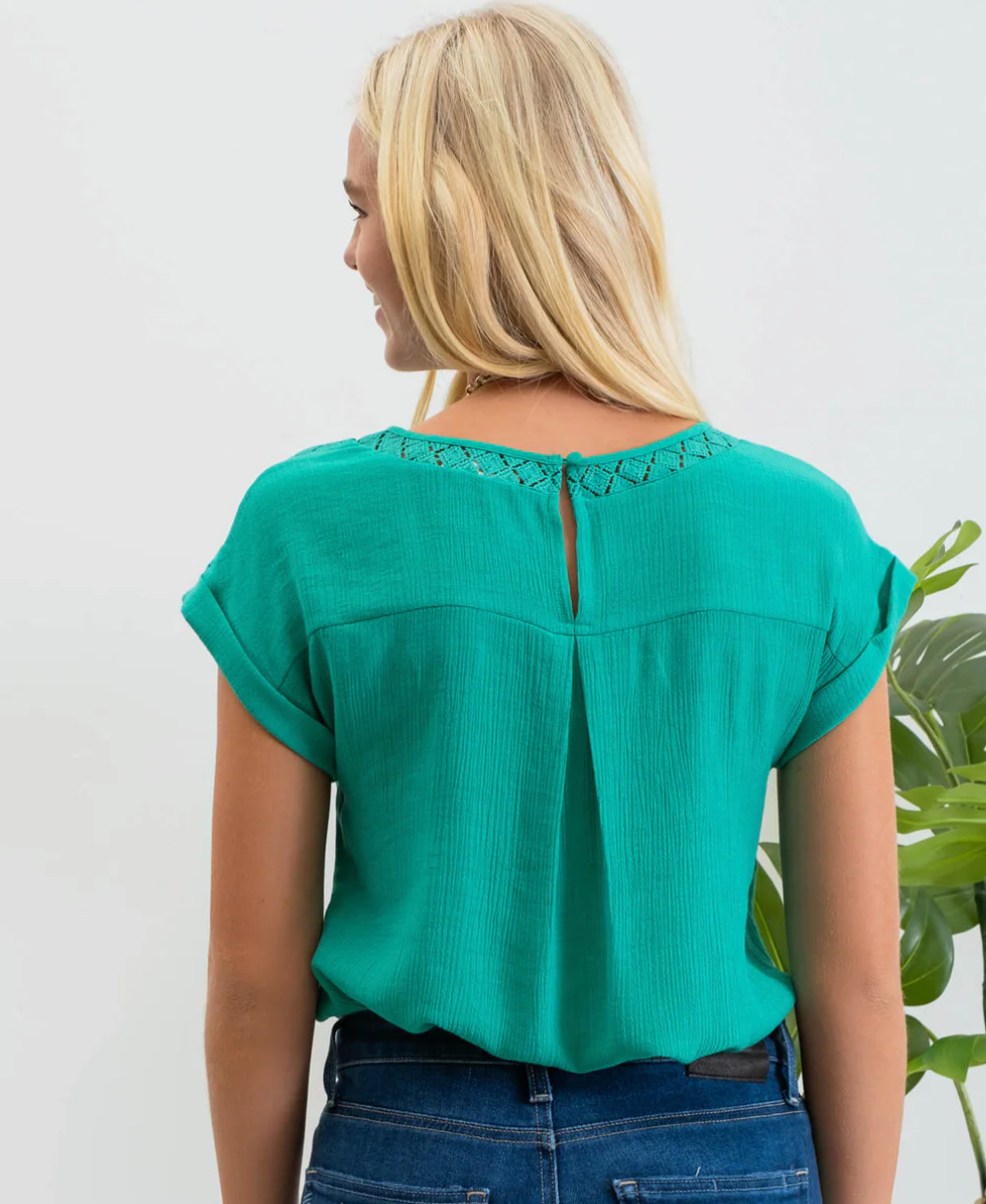 Eyelet Trim Blouse in Kelly Green - The Street Boutique 