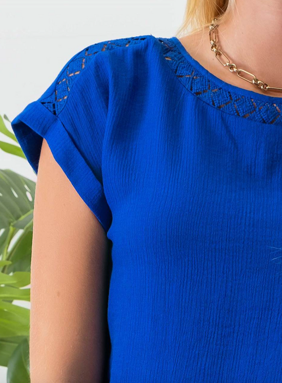 Eyelet Trim Blouse in Royal Blue - The Street Boutique 