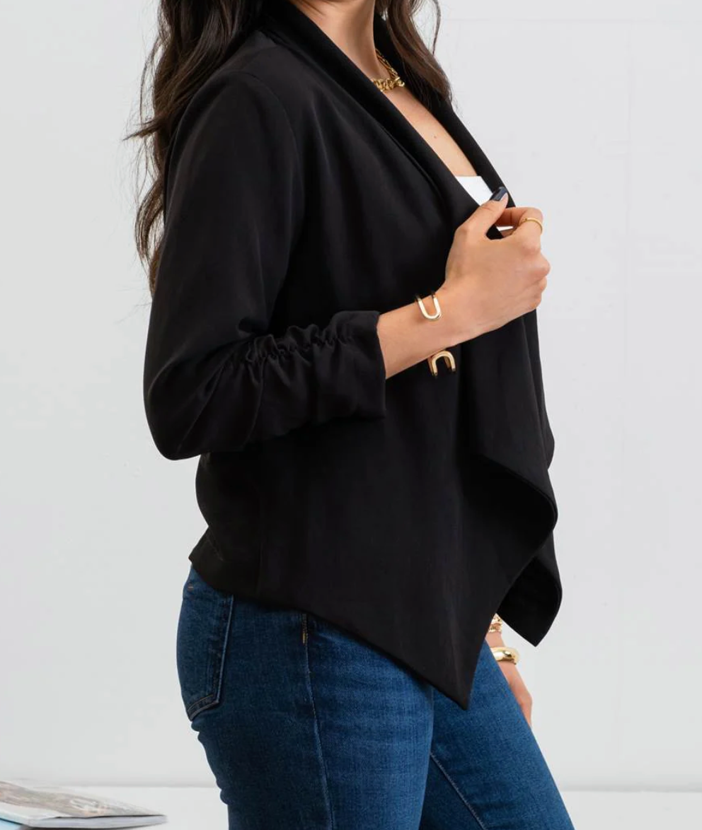 Rouched Sleeve Blazer in Black - The Street Boutique 