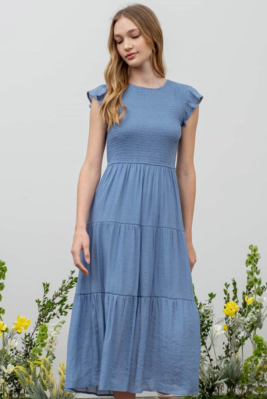 Smocked Tiered Midi Dress in Chambray - The Street Boutique 