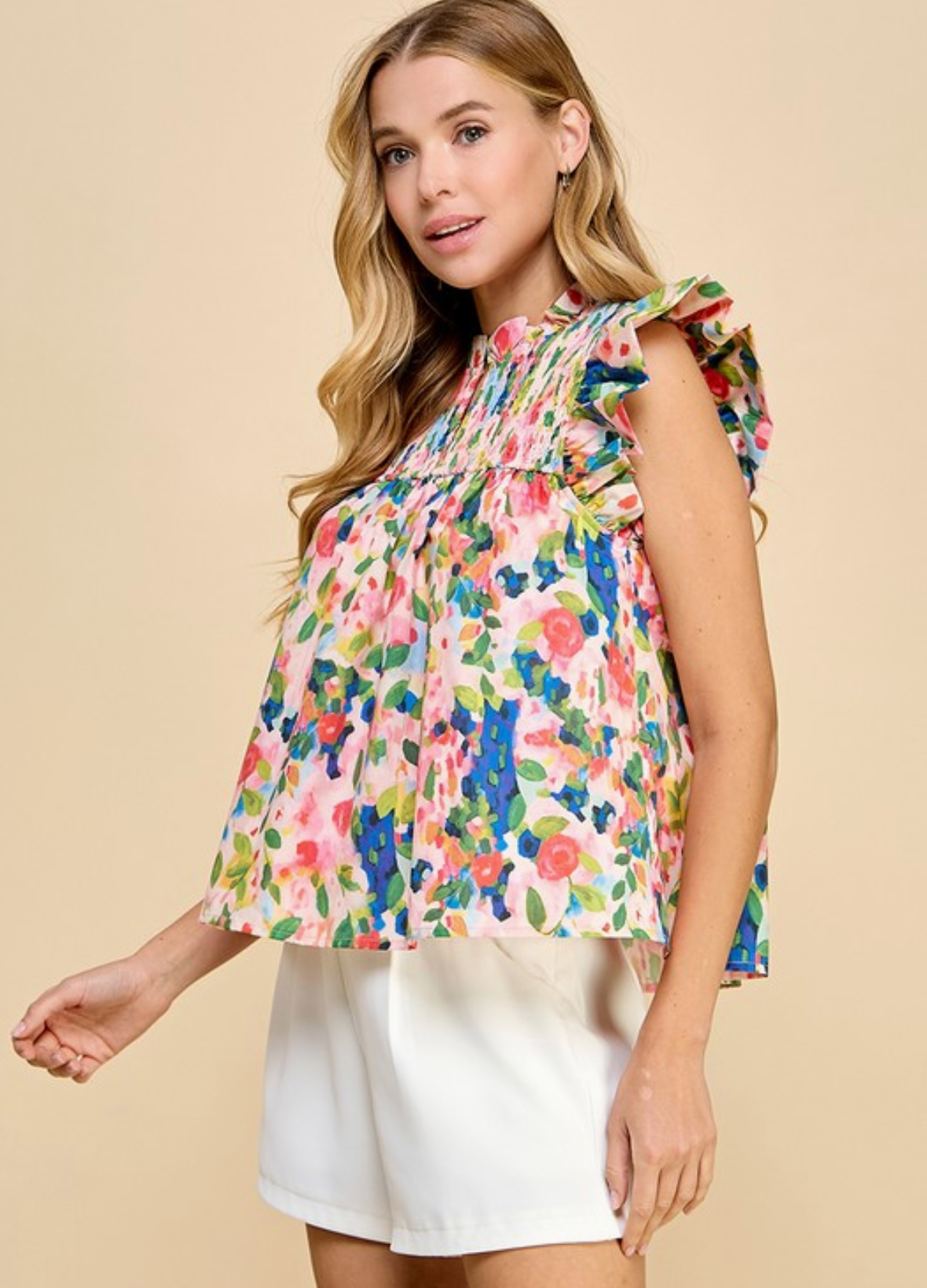 Floral Print Ruffle Top in Blush Multi - The Street Boutique 