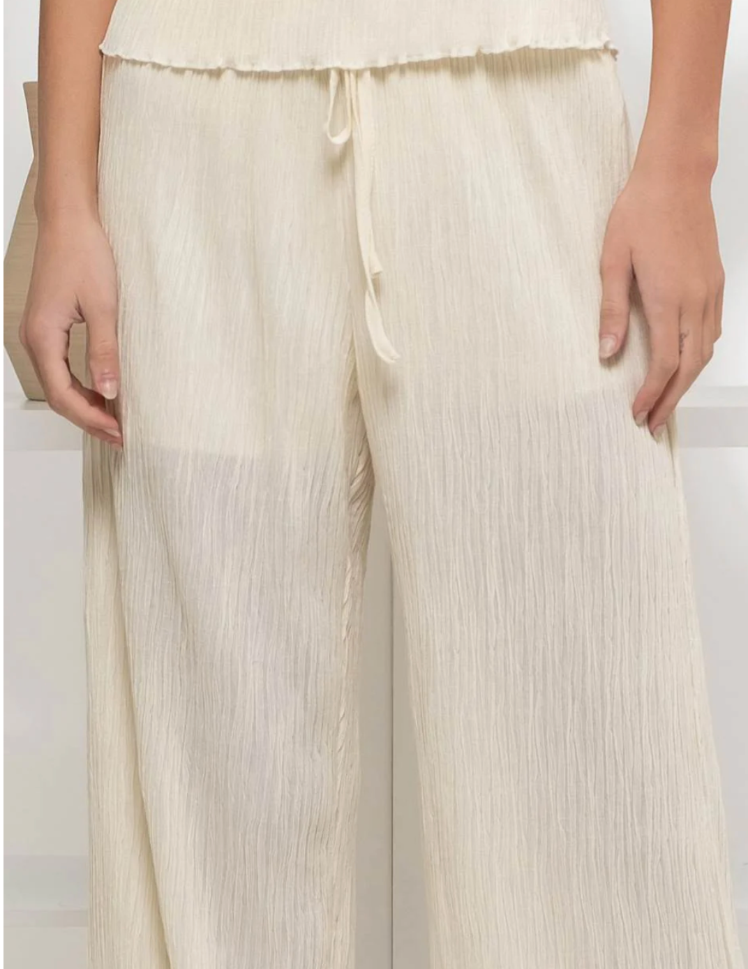 High Waist Plisse Pants in Cream - The Street Boutique 