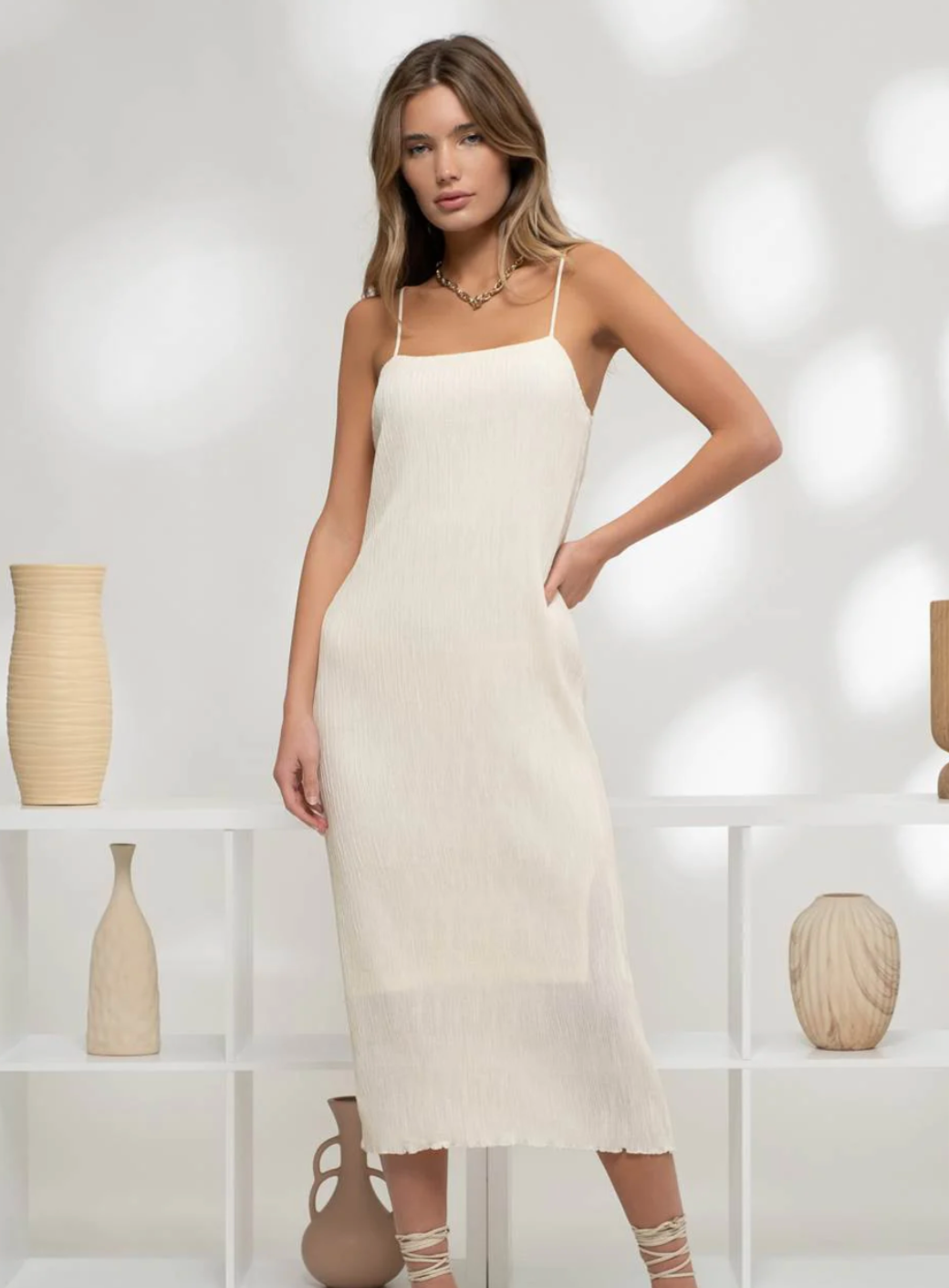 Sleeveless Plisse Midi Dress in Cream - The Street Boutique 