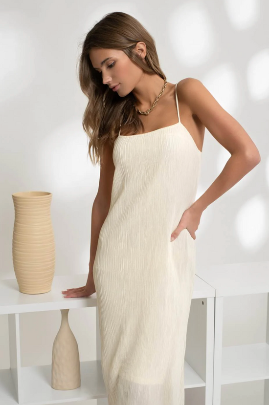 Sleeveless Plisse Midi Dress in Cream - The Street Boutique 