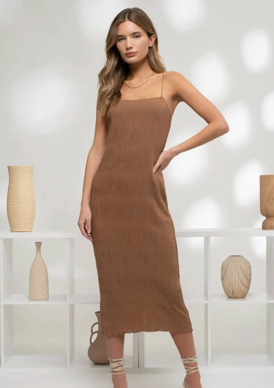 Sleeveless Plisse Midi Dress in Almond - The Street Boutique 