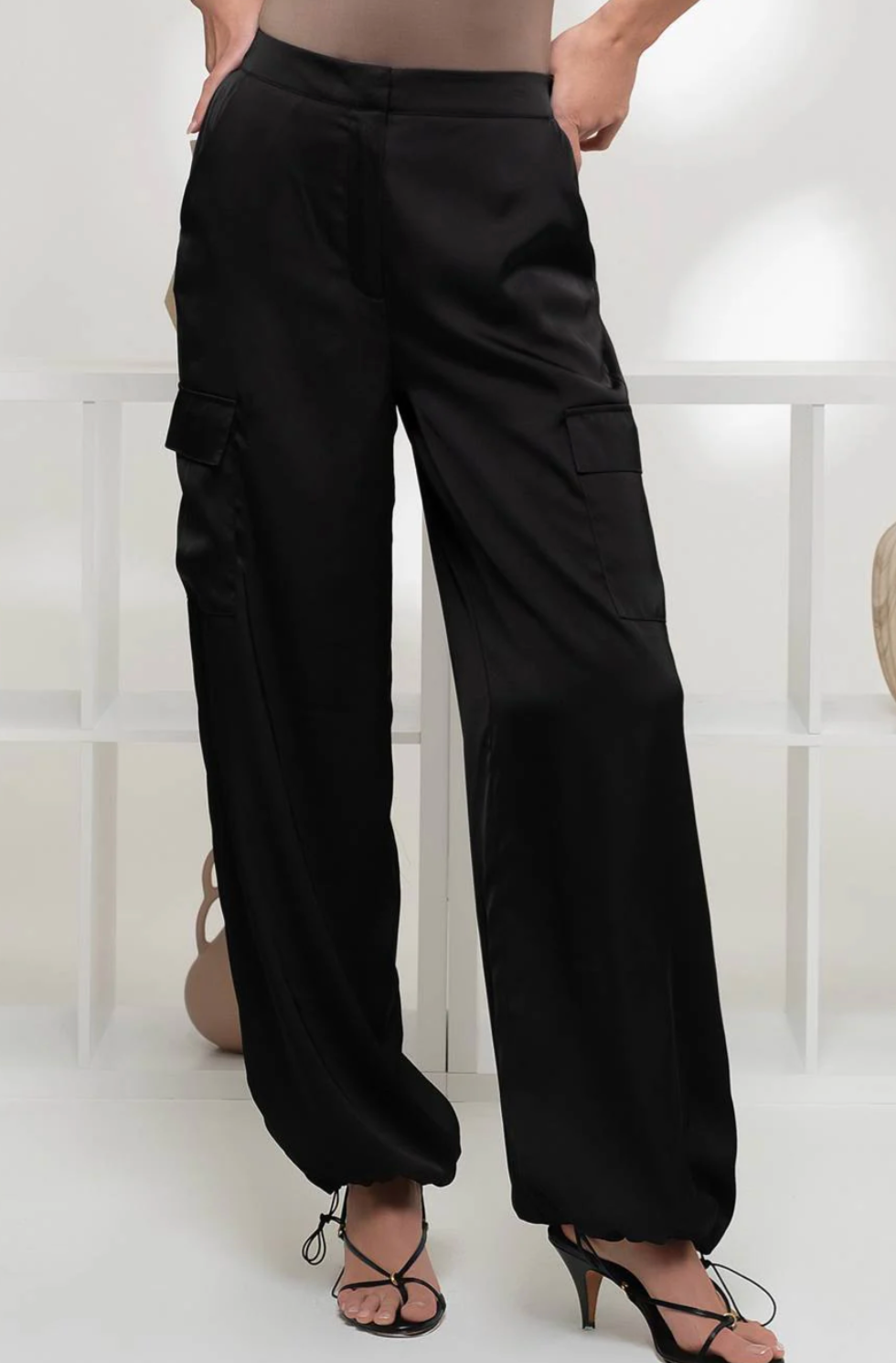High Waist Satin Cargo Jogger Pants in Black - The Street Boutique 