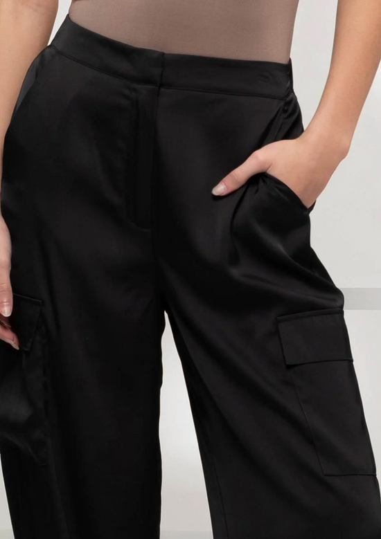 High Waist Satin Cargo Jogger Pants in Black - The Street Boutique 