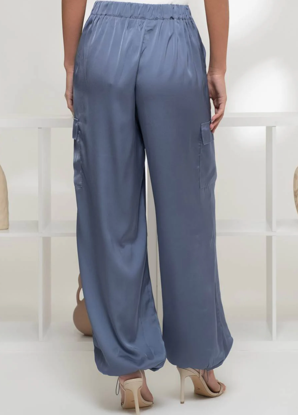 High Waist Satin Cargo Jogger Pants in  Denim Blue - The Street Boutique 